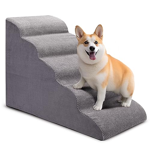 CiWiVOKi Dog Stairs for Bed, 5-Step Dog Steps for Couch and High Bed, Non-Slip Pet Stairs, 24" High Sofa Foam Dog Ramp - Best for Small Pets, Older Dogs, Cats with Joint Pain