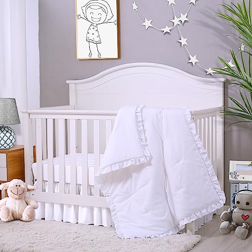 Cloele 3 Pieces Crib Bedding Set Standard Size Baby Bedding Set - Solid Ruffle Quilted Set Includes Comforter Fitted Sheet Crib Skirt for Boys and Girls - Cute Ruffled Nursery Set Baby Crib Set White