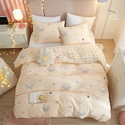 Cup Rabbit Print Duvet Cover Full Queen Lovely Cartoon Bunny Bedding Sets Cotton Kids Girl Rabbit Comforter Cover for Boy Teen Aesthetic Puppy Dogs Bedding Collection with 2 Pillowcases