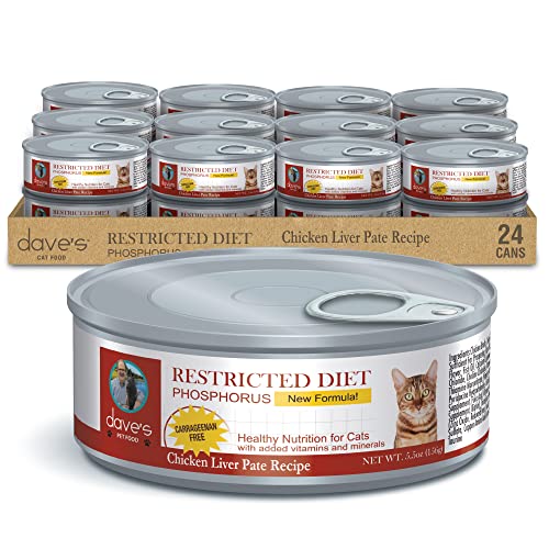 Dave's Pet Food Kidney Support Wet Cat Food for Renal Health (Chicken Liver & Chicken in Juicy Pate), Non-Prescription Low Phosphorus, Vet Recommended (5.5 oz cans, Case of 24)