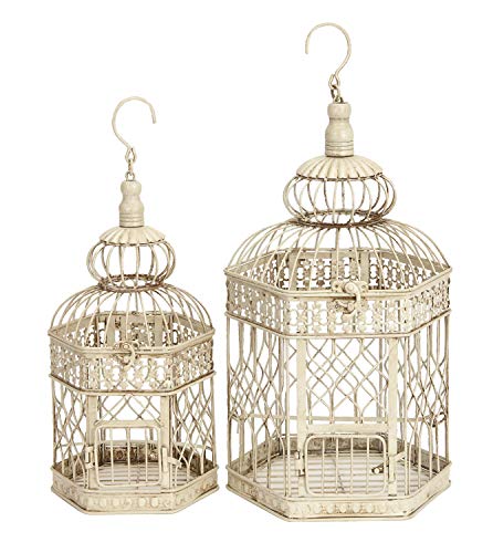 Deco 79 Metal Hexagon Birdcage with Latch Lock Closure and Hanging Hook, Set of 2 21", 18"H, Cream