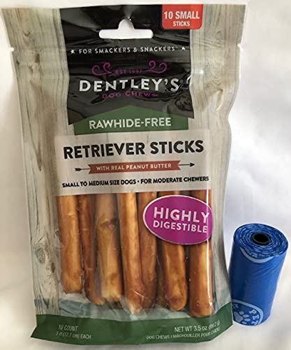 Dently Rawhide-Free Retriever Sticks with Real Peanut Butter 1-10 Count 5" Sticks 3.5 oz / Plus 1-Dog Waste Bag