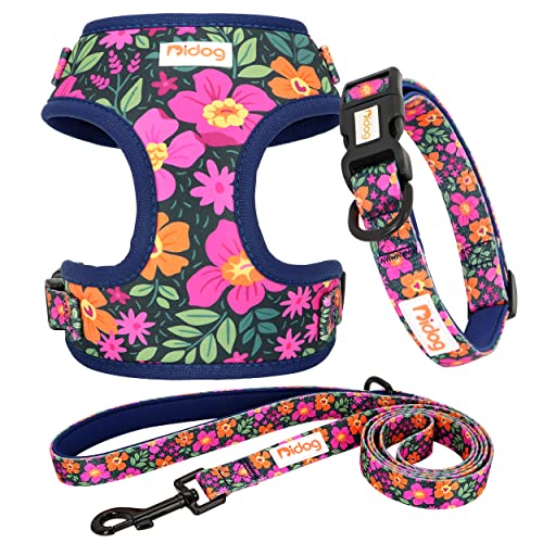 Didog No Pull Dog Harness Collar and Leash Set, Cute Pattern Puppy Dog Harness with Adjustable Collars and Leash, Soft Padded Air Mesh Vest for Small Dogs Walking Training(Flower, XS)