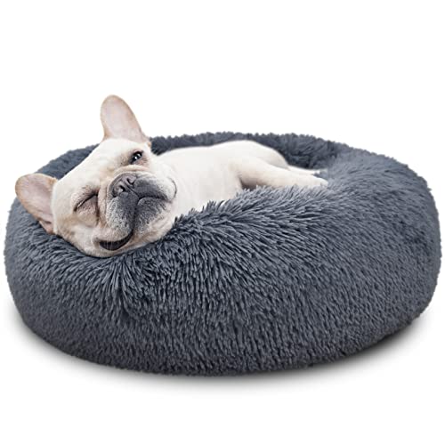 Dog Beds for Small Dogs Washable - Deep Sleep Calming Bed for Dogs with Anxiety,Round Fluff Dog Bed with Faux Fur for Small Sized Dog,Dark Grey,Fits up to 20 lbs