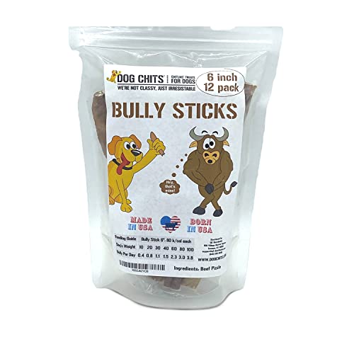 Dog Chits Bully Sticks for Dogs and Puppies | 6-inch, 12 Pack | Natural Healthy Long Lasting Chew for Large and Small Dogs Protein Treats | Odor Free