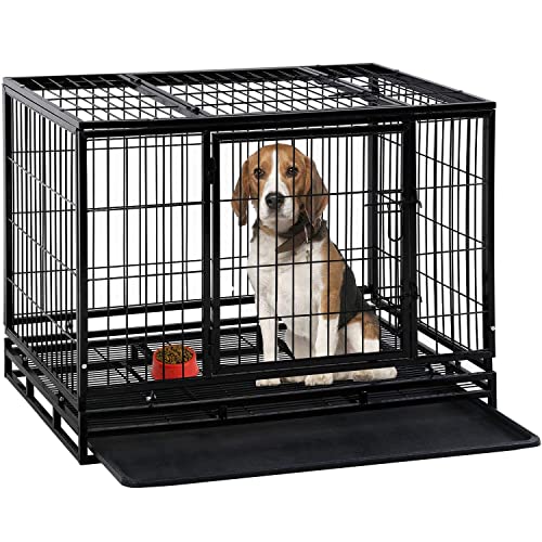 Dog Crate Cage for Large Dogs Heavy Duty 36 Inches Dog Kennel Pet Playpen for Training Indoor Outdoor with Plastic Tray Double Doors & Locks Design