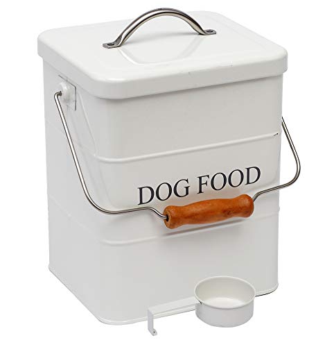 Dog Food Treat Storage Container with lid scoop included - Perfect Farmhouse Dog Food Bin for Kitchen Countertop, Shelf, Decoration Home - Dog Food - White