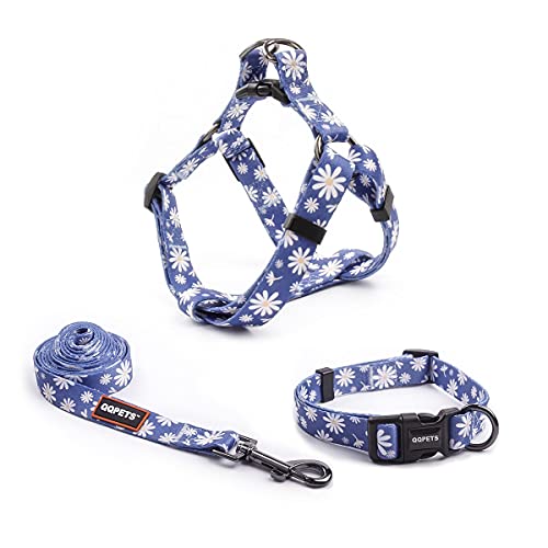 Dog Harness Collar Leash Set - No Pull Pet Adjustable Back Clip Halter Basic Collar Heavy Duty 5FT Anti-Twist Leash for Extra Small Puppy Medium Large Breed Training Easy Walk Running (Daisy, M)