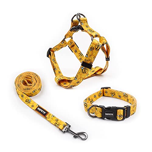 Dog Harness Collar Leash Set - No Pull Pet Adjustable Back Clip Halter Basic Collar Heavy Duty 5FT Anti-Twist Leash for Extra Small Puppy Medium Large Breed Training Easy Walk Running (Yellow Bee, S)