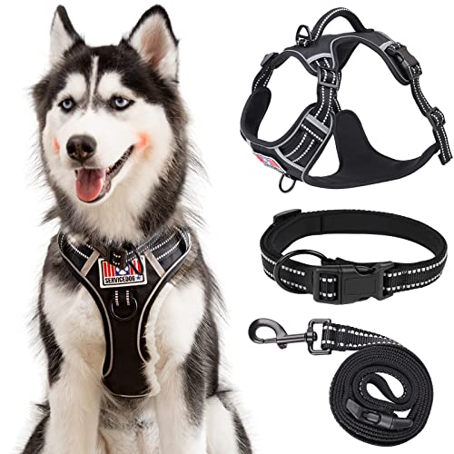 Dog Harness for Large Dogs No Pull, Rywell Dog Harness with Collar and Leash, Adjustable Reflective Soft Padded Dog Vest Harness with Easy Control Handle Front & Back Clip and 2 Velcro Patches