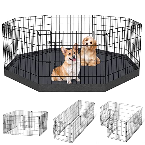 Dog Pen Pet Playpen Dog Fence Indoor Foldable Metal Wire Exercise Puppy Play Yard Pet Enclosure Indoor Outdoor 8 Panels 24 Inch with Bottom Pad/Top Cover (Black with Bottom pad)