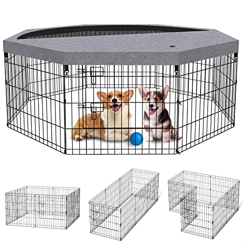 Dog Pen Pet Playpen Dog Fence Indoor Foldable Metal Wire Exercise Puppy Play Yard Pet Enclosure Indoor Outdoor 8 Panels 24 Inch with Bottom Pad/Top Cover (Grey with top Cover)