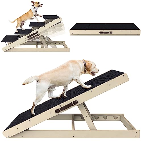 Dog Ramp, Adjustable Dog Steps for High Bed, Folding Dog Stairs for High Beds, Dog Stairs for Small & Large Dogs, Dog Ramp for Car with Non-Slip Surface, Wooden Dog Ramp for Bed, Car and Couch