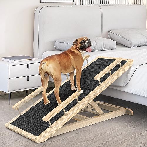 Dog Ramp for Couch, Bed or Car, Wooden 44" Long Pet Stairs for Small & Large Old Dogs & Cats, Hold up to 250lb, 5 Adjustable Height from 15" to 25", Portable Doggie Steps, Excellent Traction