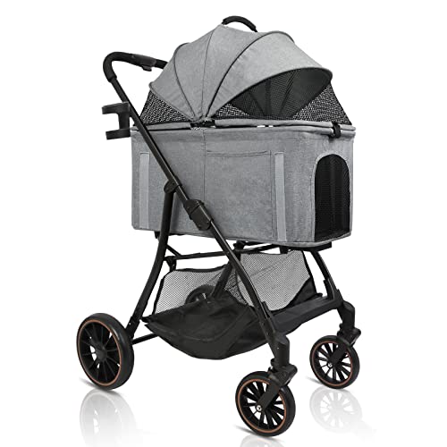 Dog Stroller for Small Medium Dogs - 4 Wheels Automatic Foldable Pet Cat Dog Strollers with Easy Removable Carrier - Mesh Windows with Detachable Pet Pad and Storage Basket No Zipper Dual Entry