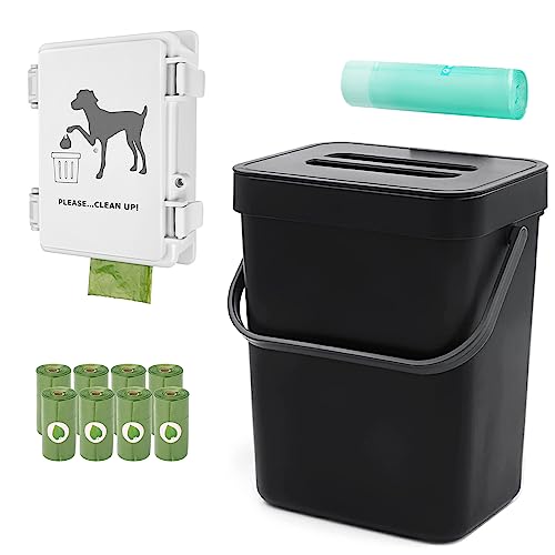 Dog Waste Station for Home ｜ Mini Mountable Dog Poop Trash Can Outdoor Poop Bag Dispenser Wall Mount 8 Doggie Bag Rolls 1 Drawstring Trash Bag Roll (Mini Bucket + Dispenser + Bags)
