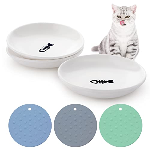 Dorakitten Ceramic Cat Food Plates for Wet Food, Wide Bowls to Stress Relief of Whisker Fatigue Cat Dishes, Shallow Bowls for Kittens and Small Animals with Non-Slip Mat