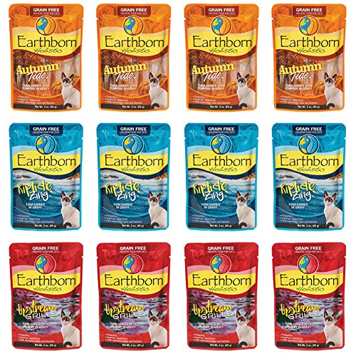 Earthborn Holistic Grain Free Wet Cat Food in Gravy Pouches - 3 Ounces Each - 3 Flavors - Riptide Zing, Autumn Tide, and Upstream Grill (12 Pouches Total)