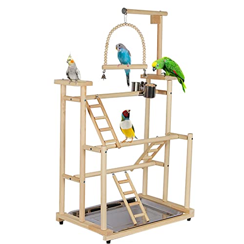 Edudif 3 Layers Wood Bird Playground Large Parrot Playstand Bird Perch Stand Bird Gym Playground Playpen for Cockatiel Parakeet Parrot (3 Layers)