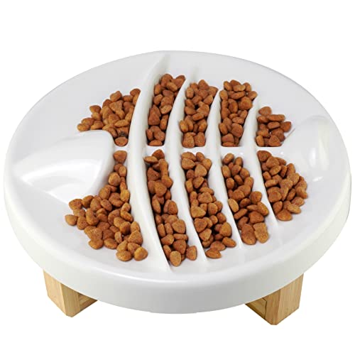 Elevated Slow Feeder Cat Bowl,Ceramic Raised Cat Bowls with Wooden Stand, Fun Pet Feeder Bowl Stopper,Interactive Bloat Stop Cat Feeder,Durable and Prevents Obesity Improves Digestion