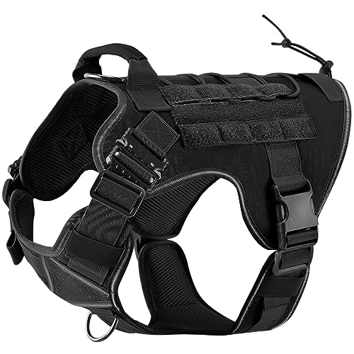 ELFTREE Tactical Dog Harness, 2X Metal Buckle, Military Reflective Dog Harness with Hidden Airtag Holder and Handle, Adjustable No-Pull Service Dog Vest with Molle & Loop Panels