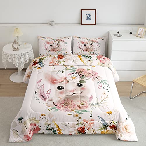 Erosebridal Kids Rabbit Bedding Set Twin Size,Pink Floral Comforter Set Girls Women Cute Bunny Quilt Duvet,Colorful Flowers Down Comforter Lovely Farm Animal Girly Bedroom Decor 2Pcs,Microfiber Cozy