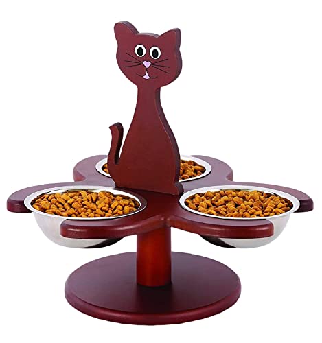 Etna Pet Store Elevated Cat Bowls - This Wooden, Raised Pet Feeder Promotes Better Digestion and is Easy on the Joints - Multiple Cat Feeder with 3 Removable Cat Bowls for Food and Water - Brown