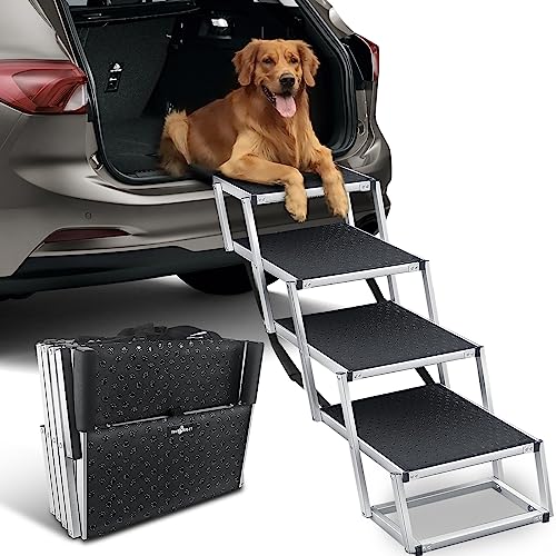 Extra Wide Dog Car Ramp for Large Dogs, Foldable Aluminum Dog Steps with Non-Slip Surface, Portable Lightweight Dog Stairs for Cars SUV, High Beds & Trucks, Supports up to 250 lbs, 4 Steps Wide