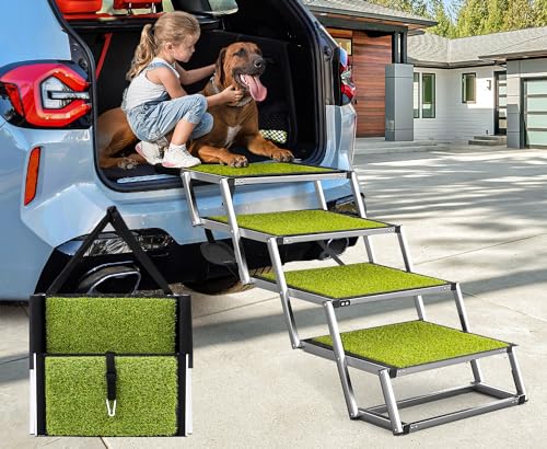 Extra Wide Dog Ramps for Large Dogs,Dog Car Ramp with Non-Slip Surface,Portable Aluminum Foldable Dog Steps,Lightweight Dog Stairs for Cars SUV, High Beds & Trucks, Supports up to 250 lbs, 4 Steps