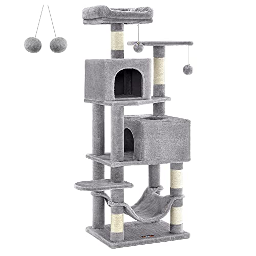 Feandrea Cat Tree, 61-Inch Cat Tower for Indoor Cats, Plush Multi-Level Cat Condo with 5 Scratching Posts, 2 Perches, 2 Caves, Hammock, 2 Pompoms, Light Gray UPCT192W01