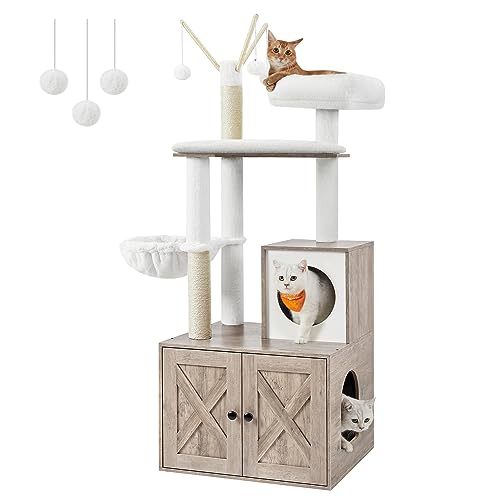 Feandrea WoodyWonders Cat Tree with Litter Box Furniture Hidden Enclosure, 2-in-1 Modern Tower, Cat Condo with Scratching Posts, Removable Pompom Sticks, Greige UPCT113G01