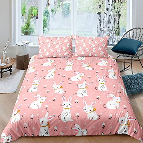 Feelyou Cute Rabbit Comforter Cover Cartoon Bunny Pink Duvet Cover for Kids Boys Girls Lovely Little Floral Rabbit Decor Bedding Set Botanical Animal Bedspread Cover Room Decor 2Pcs Twin Size,Zipper