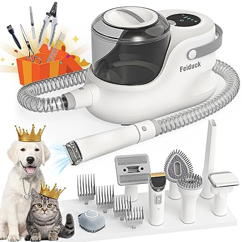 Feiduck Dog Grooming Kit,Pet Grooming Vacuum Suction 99% Pet Hair,Dog Air Clipper Vacuum with 7 Proven Grooming Tools for Dogs Cats and Other Animals,Home and Car Cleaning （Grey）