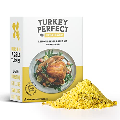 Fire & Flavor Lemon Pepper Turkey Perfect Brine - Turkey Brine Kit with Bag for Roasting, Grilling, Smoking, and Frying - Brining Seasonings for Cooking and Turkey Brine Bag - Turkey Brine and Rub Kit