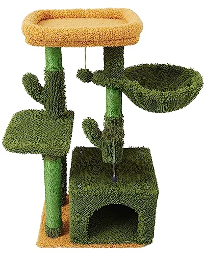 FISH&NAP US23L Cute Cat Tree Cat Tower Condo Cactus Sisal Scratching Posts with Jump Platform and Cat Ring Cat Furniture Activity Center Kitten Play House Green