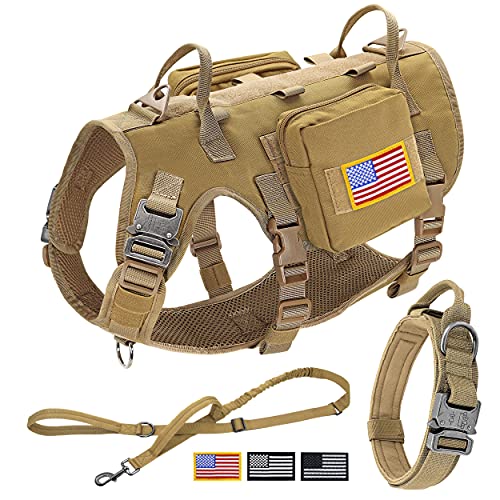 Forestpaw Tactical Dog Vest Harness and Easy Control Training Dog Collar with Bungee Dog Leash Set No Pull Military Dog Harness with Backpack for Medium Large Dogs-Coyote Brown M