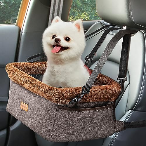 Fostanfly Dog Car Seat for Small Dogs, Upgraded Dog Booster Seat with Metal Frame, Doggy Pet Car Seat with Washable Thick Cushion Safety Leash and Storage Pockets