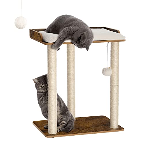 FourFurPets 26.7in Large Cat Tree Tower Condo, Cat Scratch Posts for Indoor Cats, Big Plate, Three 23.6in Full Sisal Scratching Posts, Rustic Brown
