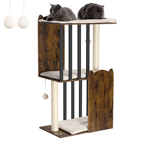 FourFurPets 43.8in 3-Tier Modern Cat Tree Tower Condo, Cat Scratch Posts for Indoor Cats, Big Plate, Two 19.7in Full Sisal Scratching Posts, Rustic Brown