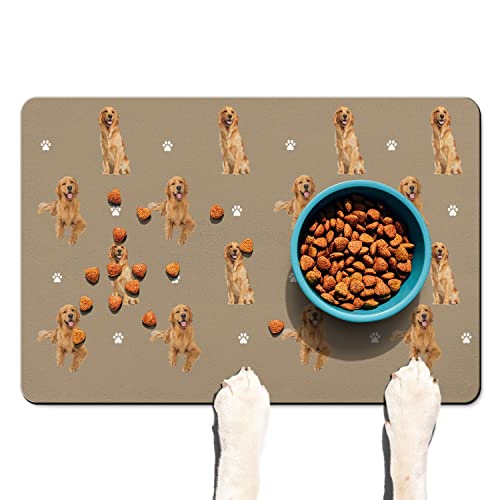 Funny Golden Retriever Bowl Mat,Non Slip Dog Placemats Feeding Floor Mat for Food and Water