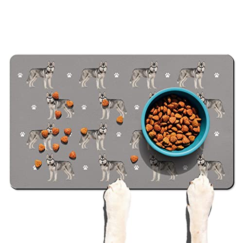 Funny Siberian Husky Dog Bowl Mat,Non Slip Dog Placemats Feeding Floor Mat for Food and Water