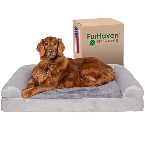 Furhaven Orthopedic Dog Bed for Large Dogs w/ Removable Bolsters & Washable Cover, For Dogs Up to 95 lbs - Faux Fur & Velvet Sofa - Smoke Gray, Jumbo/XL