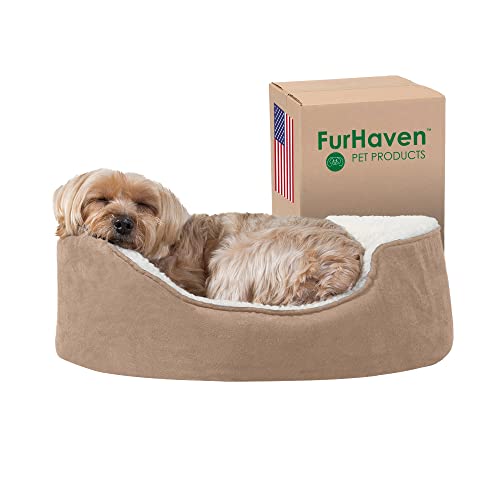 Furhaven Orthopedic Dog Bed for Small Dogs w/ Removable Washable Cover, For Dogs Up to 12 lbs - Sherpa & Suede Oval Lounger - Clay, Small