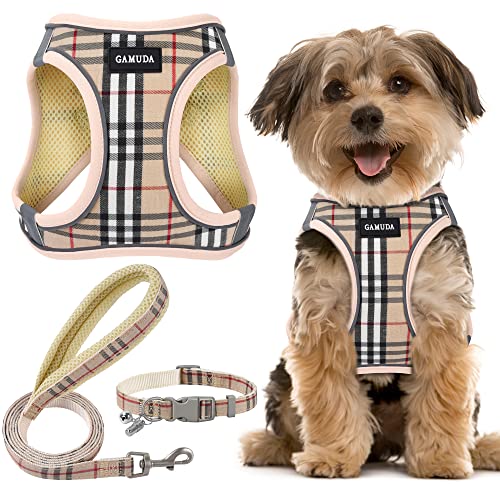 GAMUDA Small Pet Harness Collar and Leash Set, Step in No Chock No Pull Soft Mesh Adjustable Dog Vest Harnesses Plaid Reflective for Dogs Puppy and Cats Outdoor Training and Running (Beige, S)