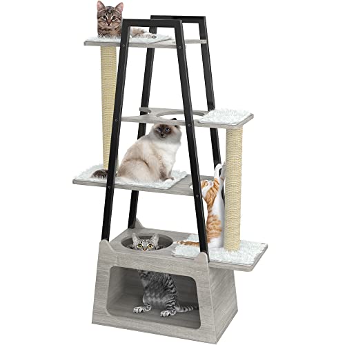 GDLF Modern Cat Tree Wooden Heavy Duty Cat Tower for Indoor Cats with Condo and Long Scratching Posts for Large Felines Easy Clean 54"