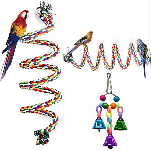 GINXIA Parrot Rope Perch Cotton Rope Bird Perch with Bell Climbing Stand Bar Bird Bungee Toy Parrot Chew Toys (63")