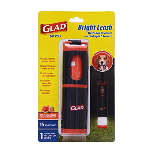 Glad for Pets Bright Leash Waste Bag Dispenser with Flashlight Dog Waste Bag Dispenser Includes 15 Dog Waste Bags with Safety Lights for Walkers Refillable Pet Waste Bag Dispenser for Dog Walking