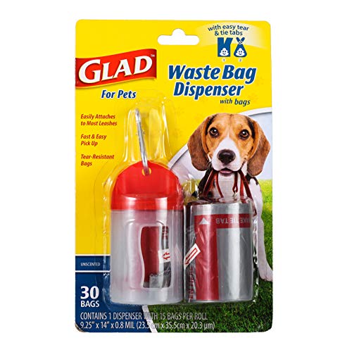 Glad for Pets Extra Large Unscented Heavy Duty Dog Waste Bags with Dispenser and Metal Clip | Plastic Disposable Poop Bags for Dogs, Easy to Use for Dog Walking, 30 Count