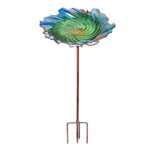 Glass Bird Bath Outdoor Birdbaths Garden Birdfeeder with Metal Stake Green(Height:26inch)