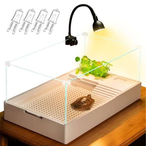 Glass Turtle Tank Tortoise Habitat Halogen (4 Bulbs for Spare) UVB Heat Light Filter Pump Bio Sponge Accessories Basking Platform for Aquatic Turtles Aquarium kit Reptile Tank for Reptile Terrariums